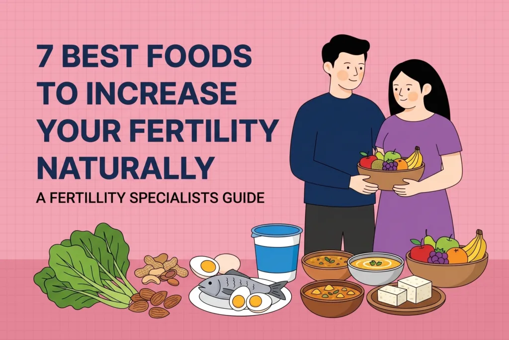 Best foods to increase fertility naturally, including fruits, vegetables, eggs, fish, dairy, and nuts.