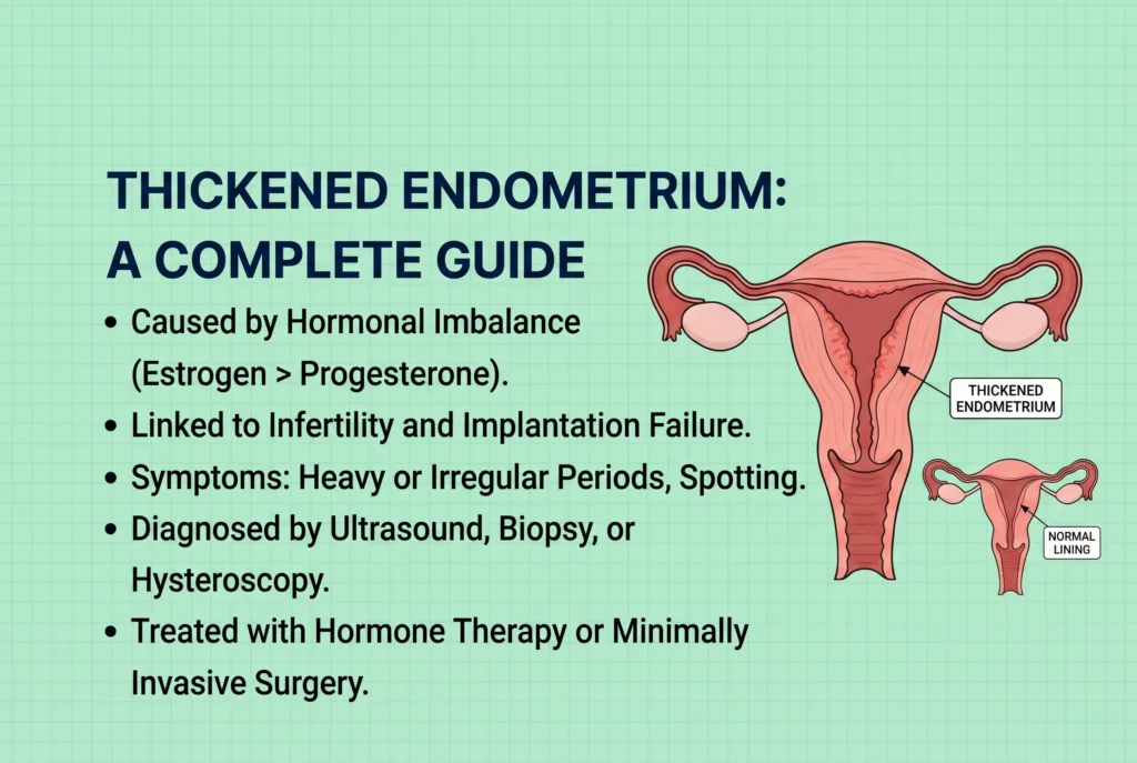 Thickened endometrium guide showing causes, links, symptoms, diagnosis, and treatment options.