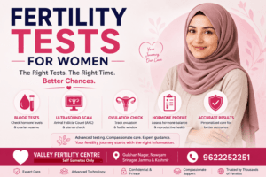 Female fertility testing services including hormone profile, ultrasound scan, ovulation check, and blood tests.