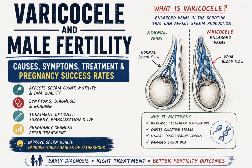 Varicocele and male fertility treatment showing enlarged scrotal veins affecting sperm production